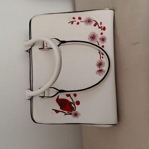 White Floral Bird print tote handbag